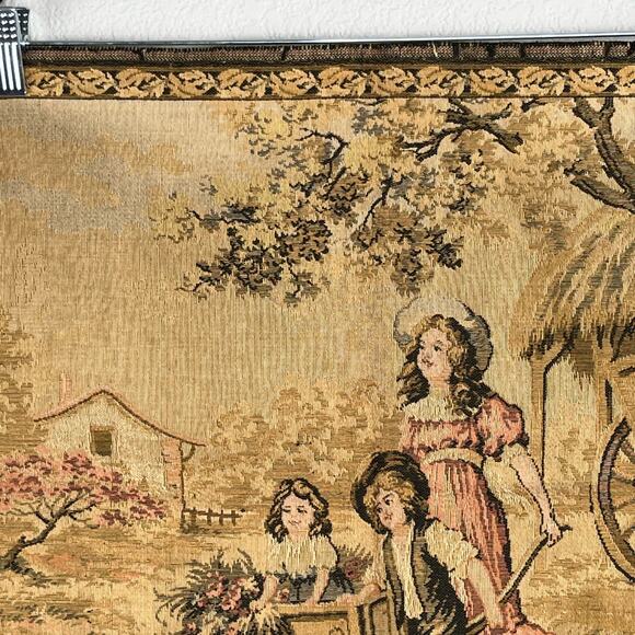 Antique Made in Italy Square Woven Tapestry Wall Decor Kids Playing Gathering - Picture 5 of 7